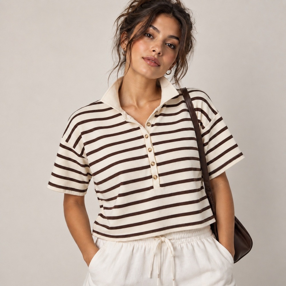 Miou Muse Womens Striped Cropped Polo Shirt Brown Cotton Small Retro Sporty